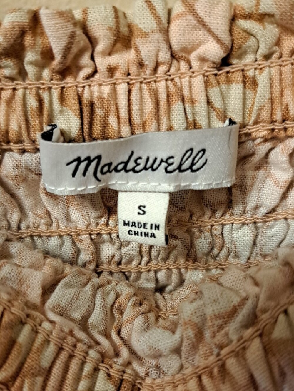 Madewell Lucie Smock Linen Blend Sun Dress with Tan And Pink Leaf Print - Size S - Picture 2 of 12